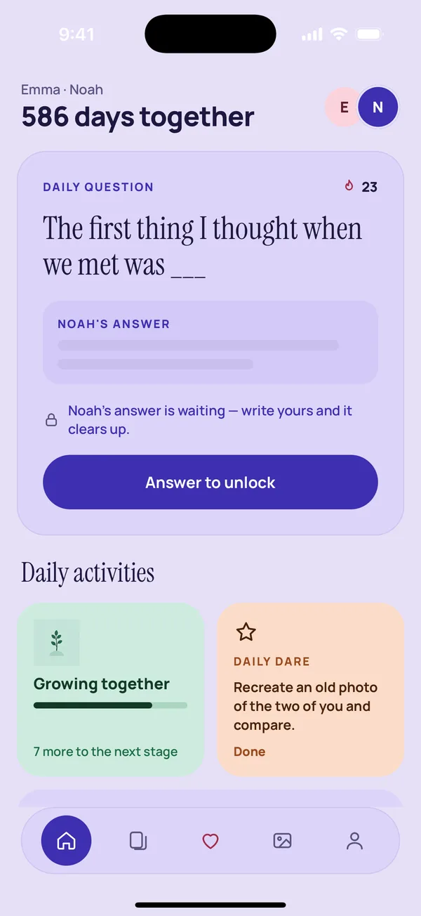 Loveto app home screen with today's couple question