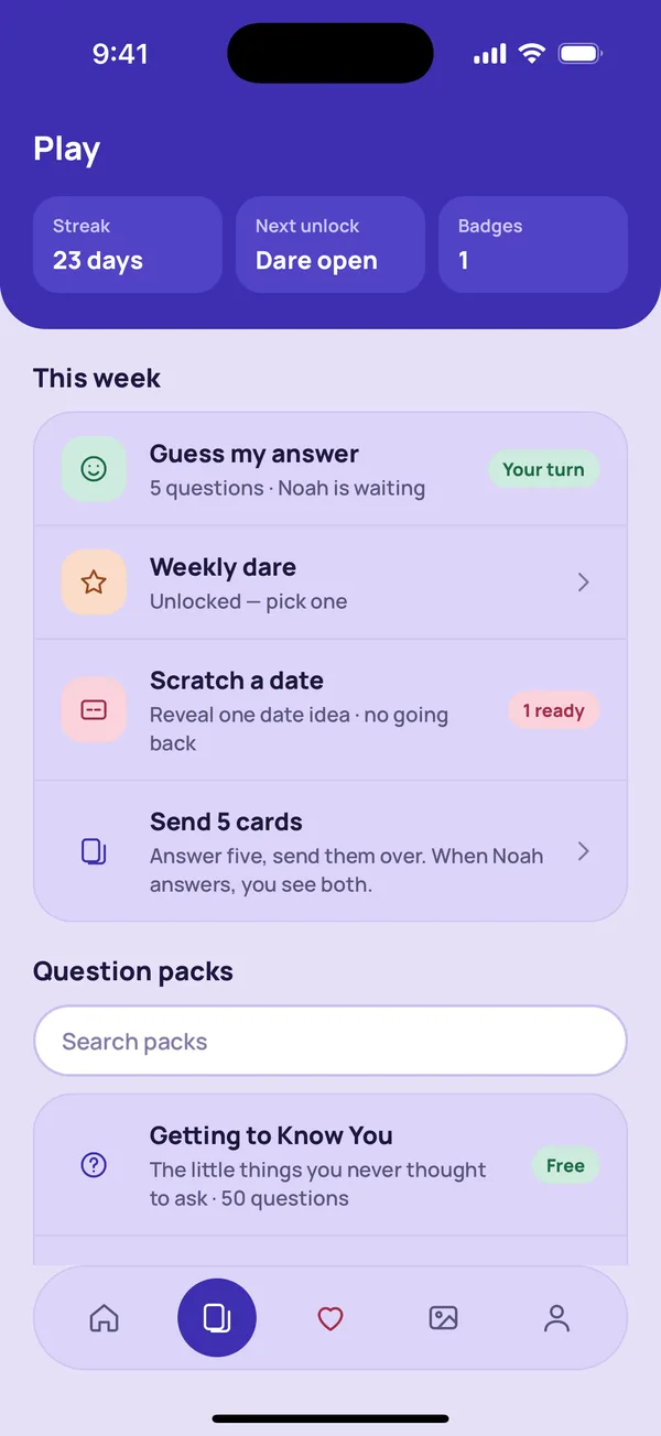 Loveto app screen: couple challenges